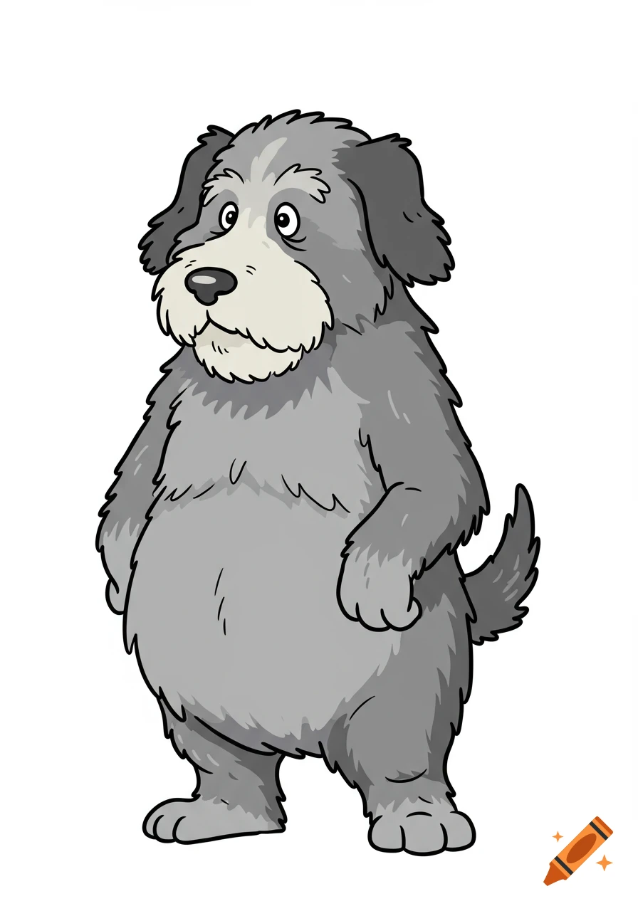 A grey, fluffy, rotund cartoon dog stands on its hind legs in a 90s two-dimensional art style.