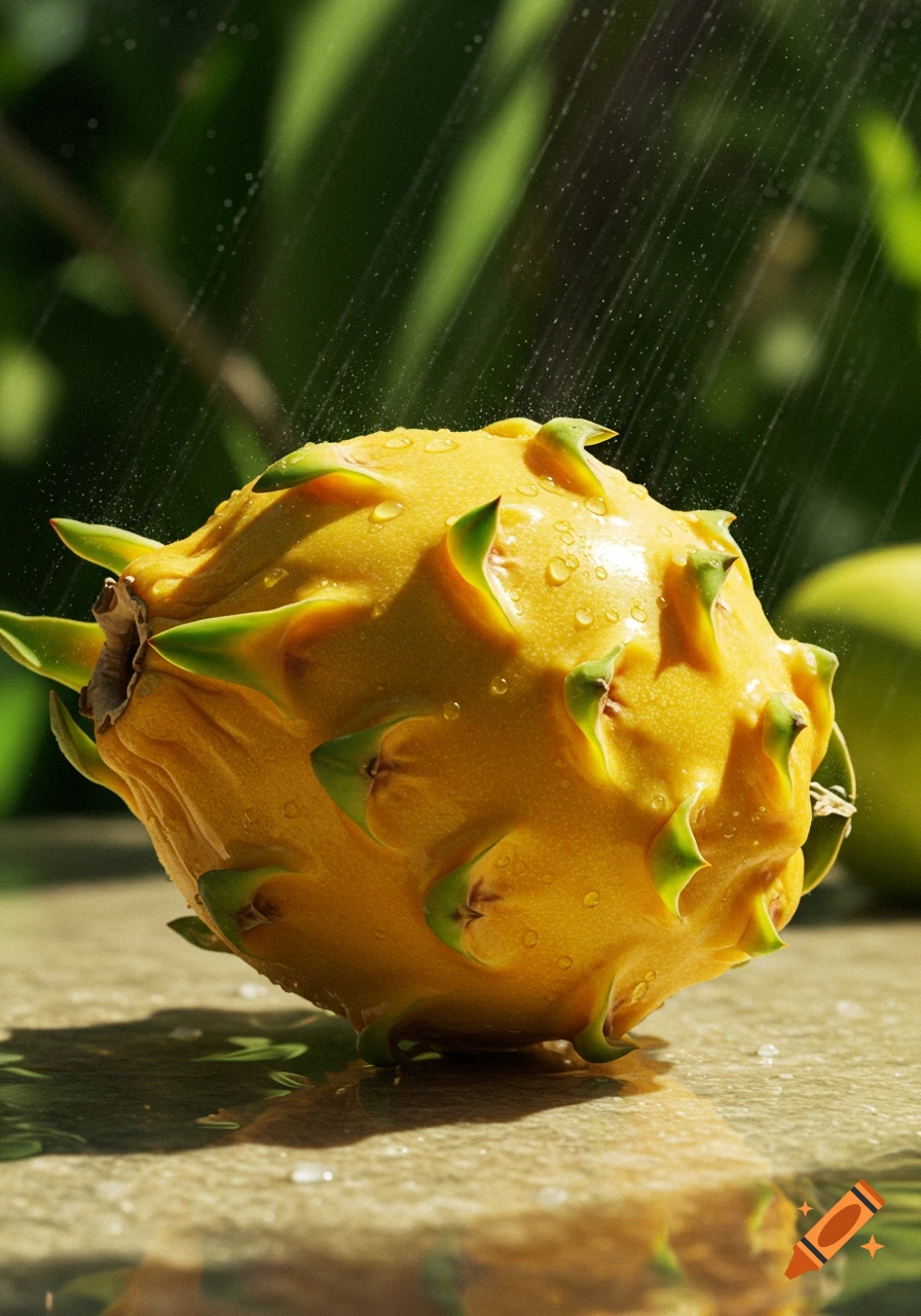 Photorealistic yellow dragon fruit covered in water droplets, sitting on a wet stone surface with a blurry green background.