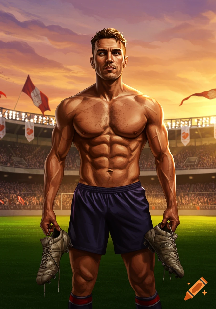 A muscular male athlete in shorts holds football boots in a stadium at sunset, in an illustrative style.