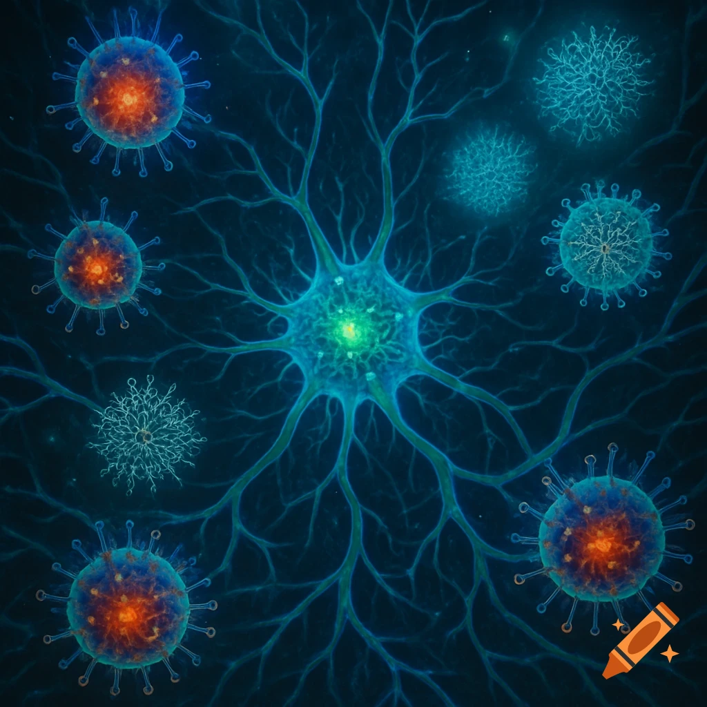 Glowing blue-green neuron surrounded by stylized blue, orange, and white virus-like particles against a dark microscopic view.