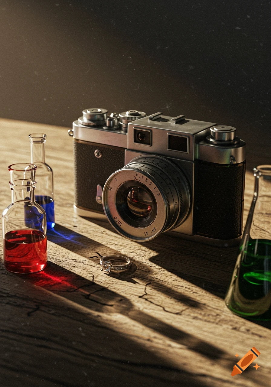 A still life with a vintage camera, glass vials containing red and blue liquids, and a diamond ring on a wooden table.