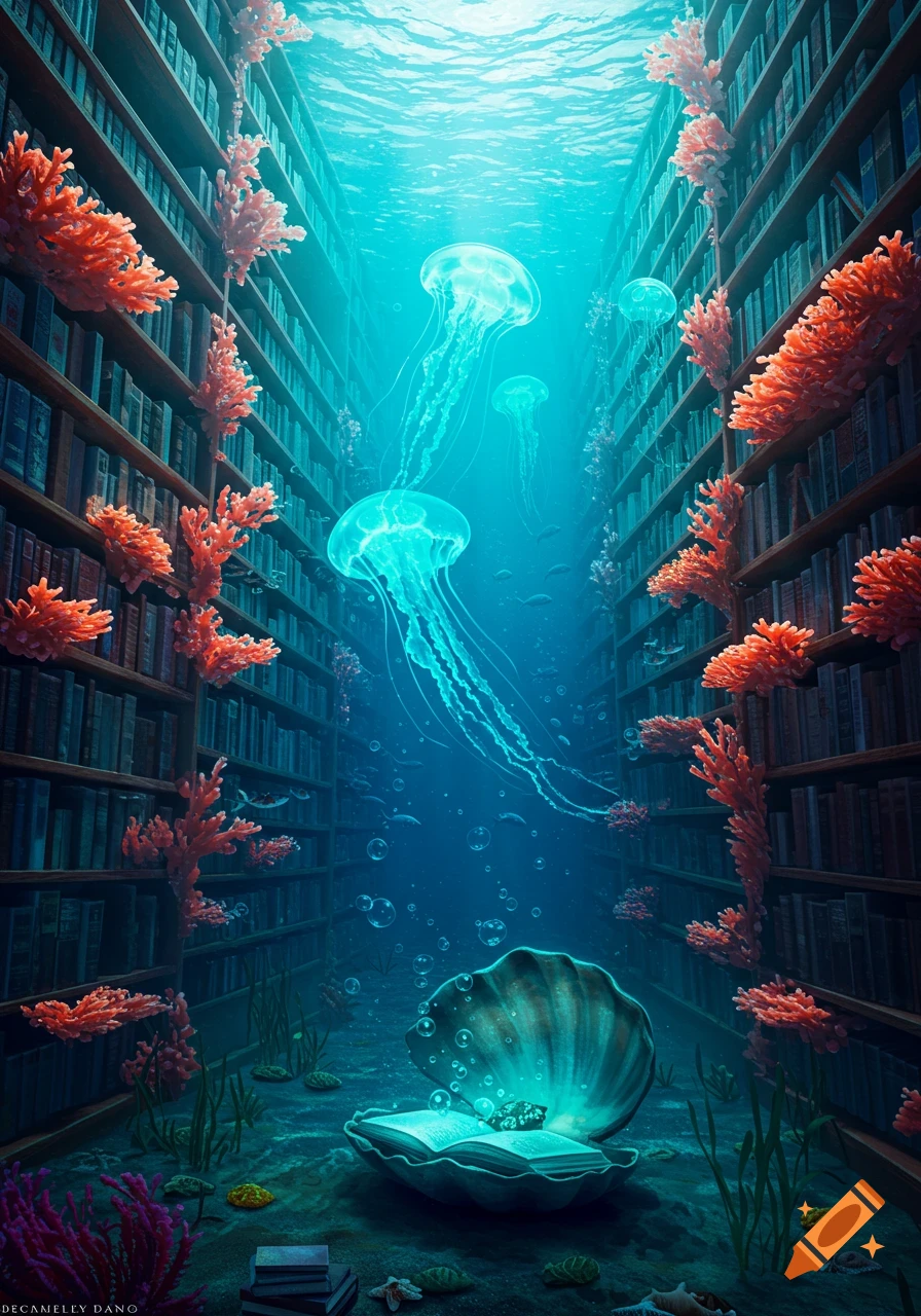 Fantasy art of an underwater library with towering bookshelves covered in coral, vibrant jellyfish, and an open shell with a glowing book.