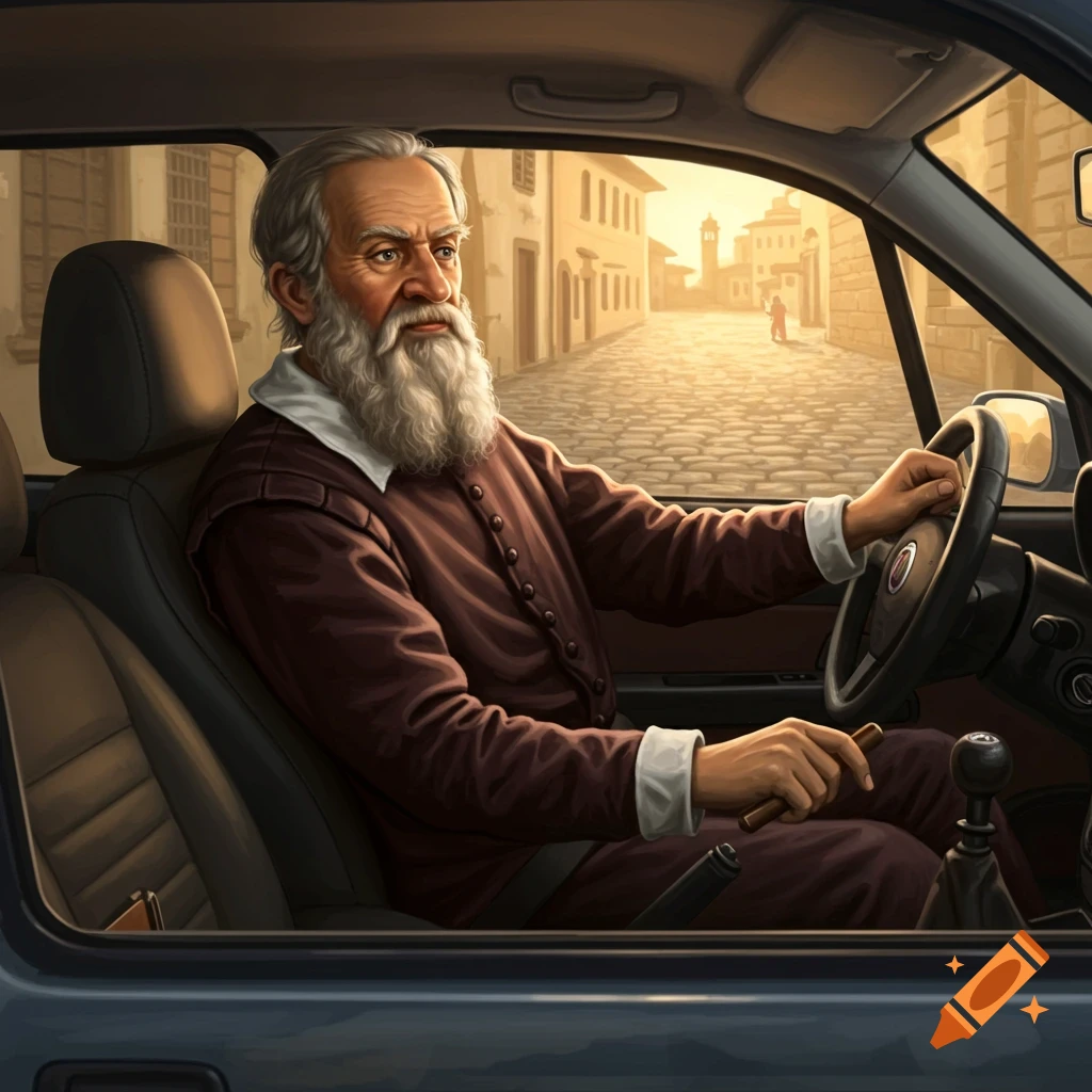 An illustrated portrait of a bearded Galileo Galilei driving a car through an old European town at sunset.