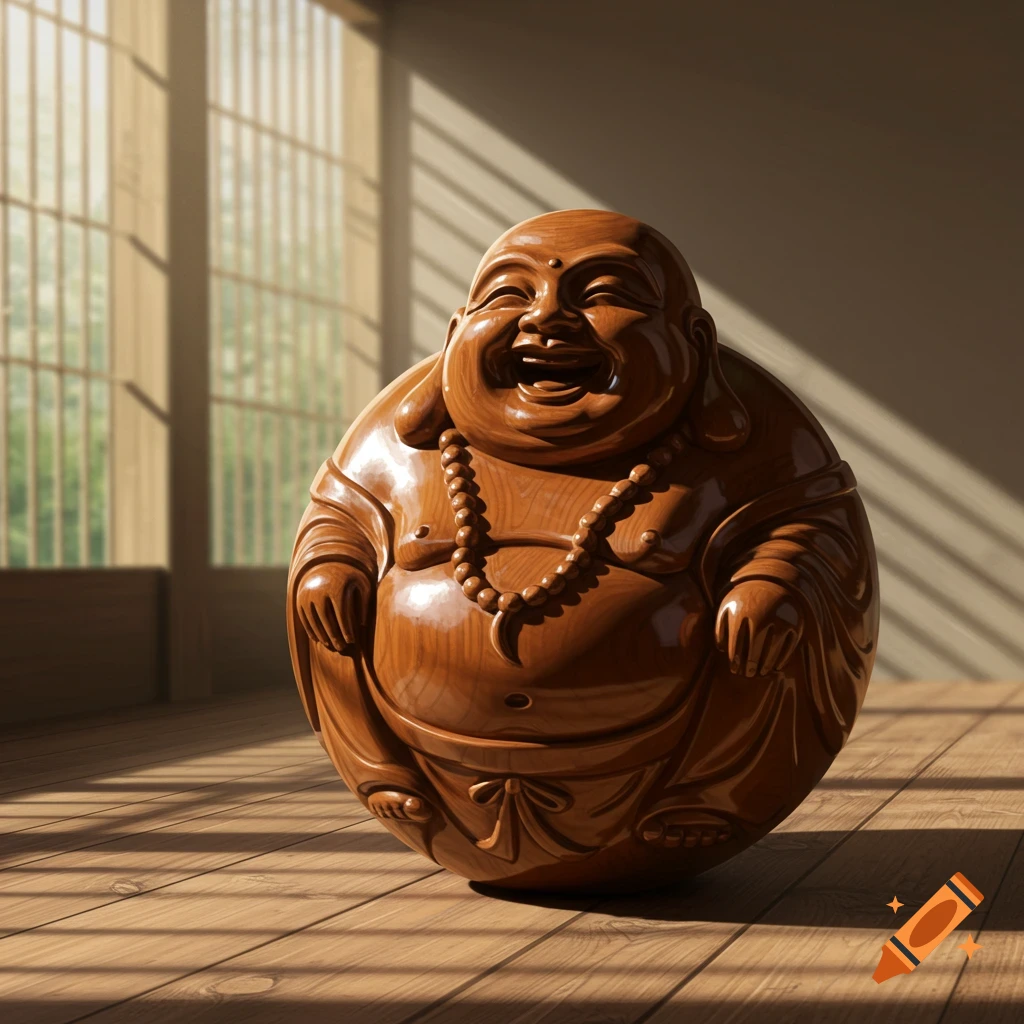 A smiling, rotund wooden statue of Budai, the Laughing Buddha, sits on a sunlit wooden floor in a room with large windows.