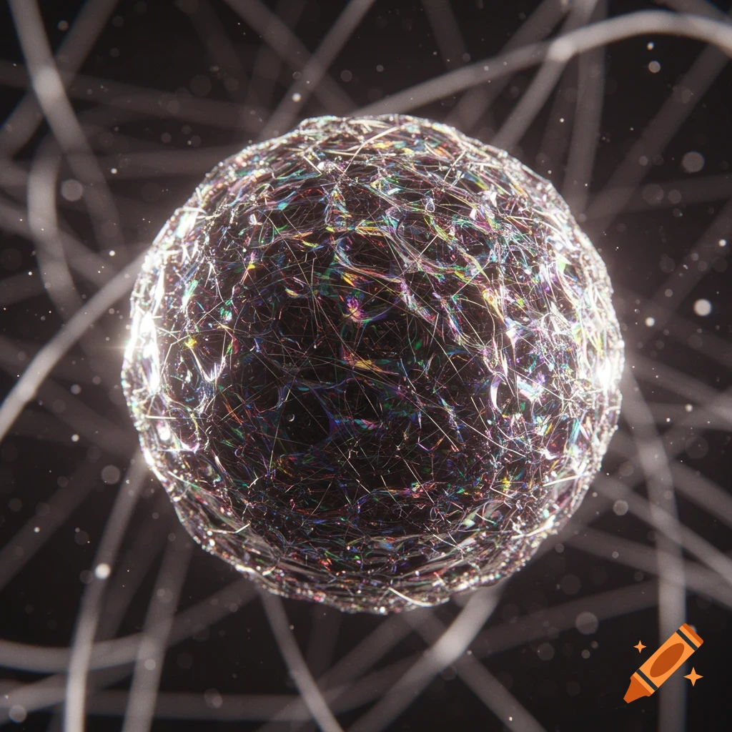 A shimmering, textured sphere reflects rainbow colors, surrounded by glowing lines and particles against a dark background.