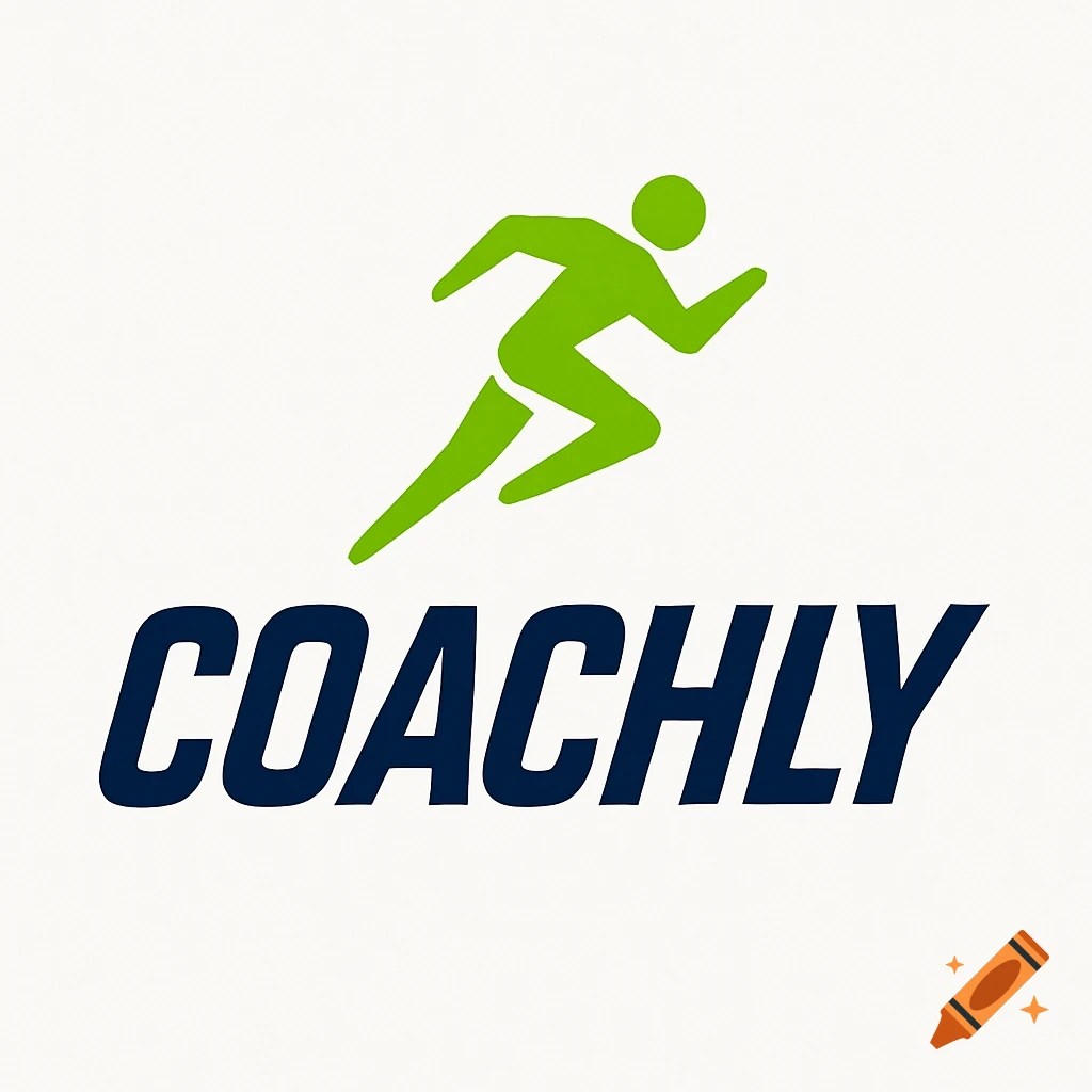 A green silhouette of a person running above the dark blue word COACHLY, a sports logo.