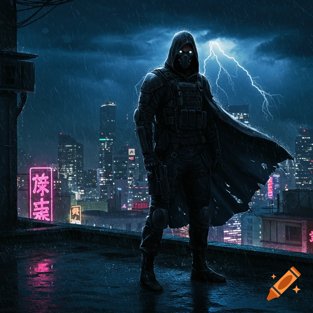 A dark, hooded vigilante in tactical gear stands on a rainy rooftop overlooking a neon-lit cyberpunk city with lightning in the sky.