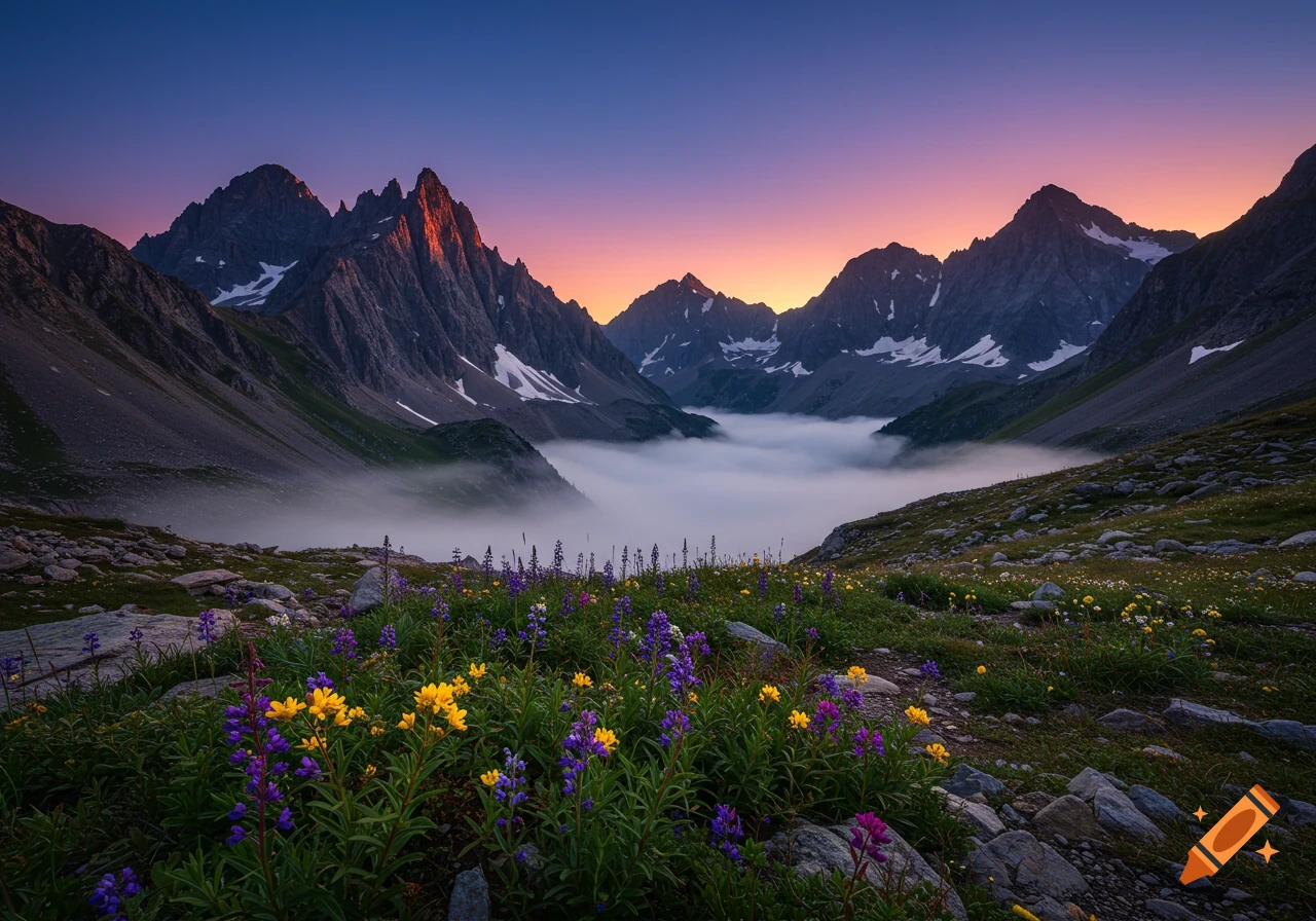Photorealistic landscape of mountains with misty valleys and colorful wildflowers at sunrise or sunset.