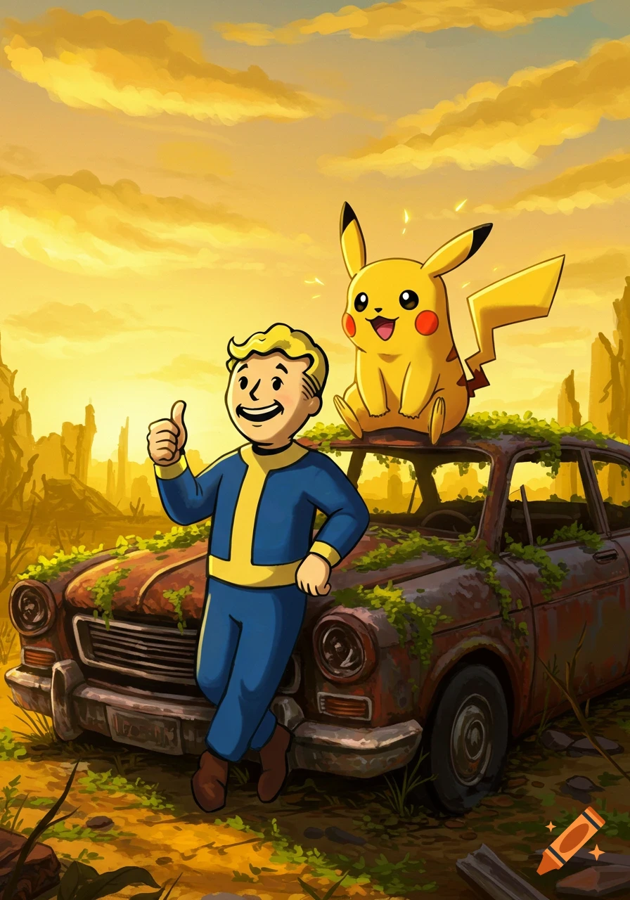 Cartoon Vault Boy and Pikachu next to a rusty car in a golden post-apocalyptic landscape.