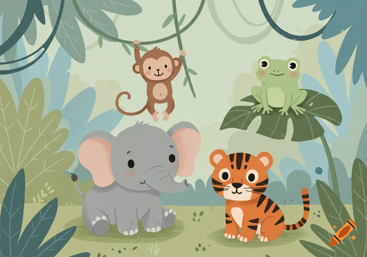 Stylized cartoon illustration of a baby elephant, monkey, frog, and tiger cub in a lush jungle with pastel tones.