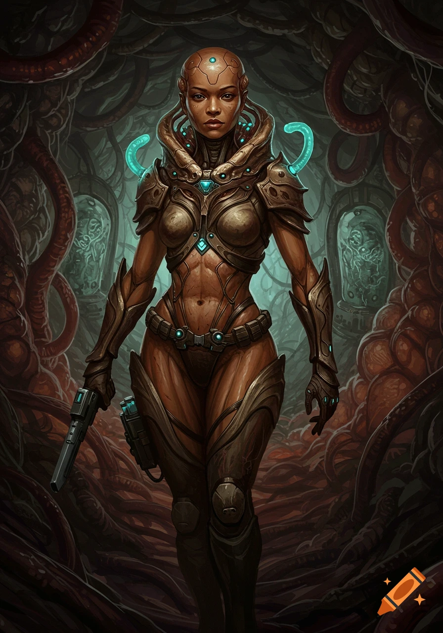 A female sci-fi mercenary with a bald head, metallic armor, and a gun, stands in a dark, organic, decaying corridor.