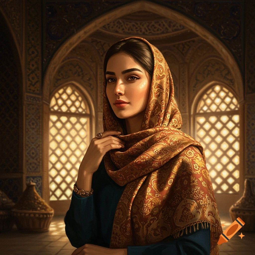 A woman in a patterned headscarf and blue dress stands in an ornate, arched interior with patterned windows.