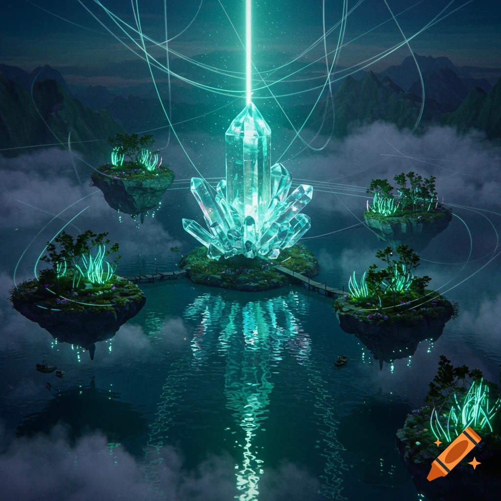 A vibrant fantasy landscape with a large glowing teal crystal, surrounded by floating islands with glowing plants, reflected in calm water.