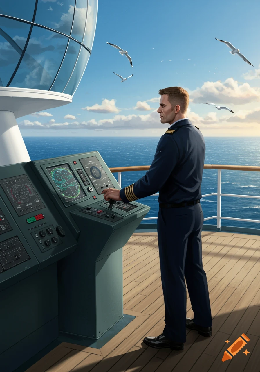 A man in a navy uniform stands on a ship's bridge, operating radar controls and looking out at the ocean under a blue sky.