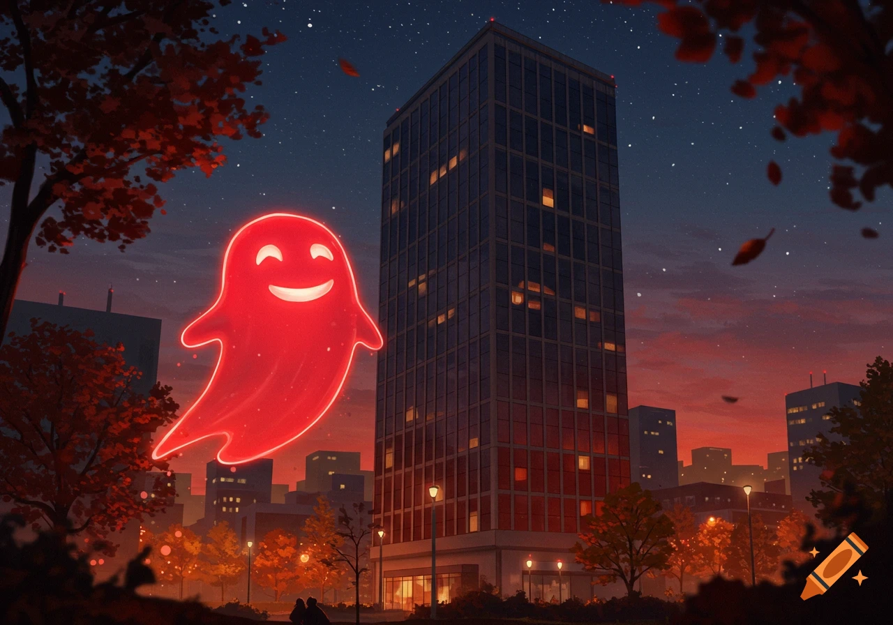 A glowing red, happy ghost floats above a city street at night, with a tall skyscraper and illuminated trees. Digital illustration.
