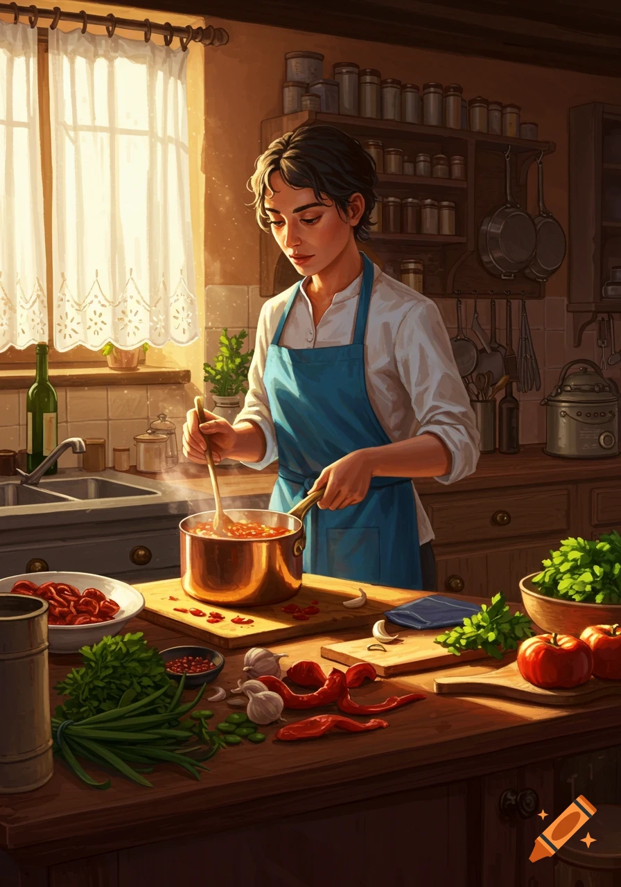 A woman in an apron cooks in a rustic kitchen, stirring a pot on the stove with fresh ingredients on the counter.
