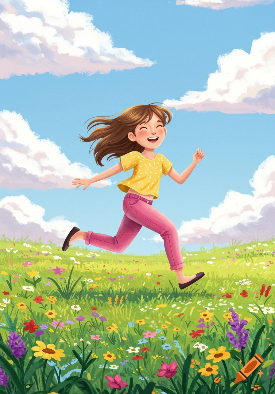 A cheerful illustrated girl with brown hair runs through a vibrant field of colorful flowers under a bright blue sky.