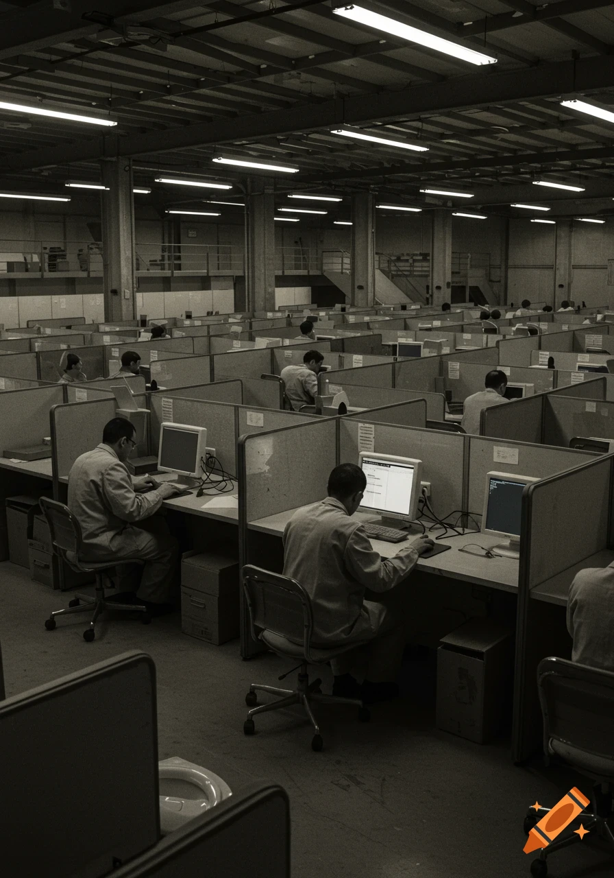 A monochrome, wide shot from behind, showing rows of workers in cubicles at computers in a large, dimly lit, industrial-style office.