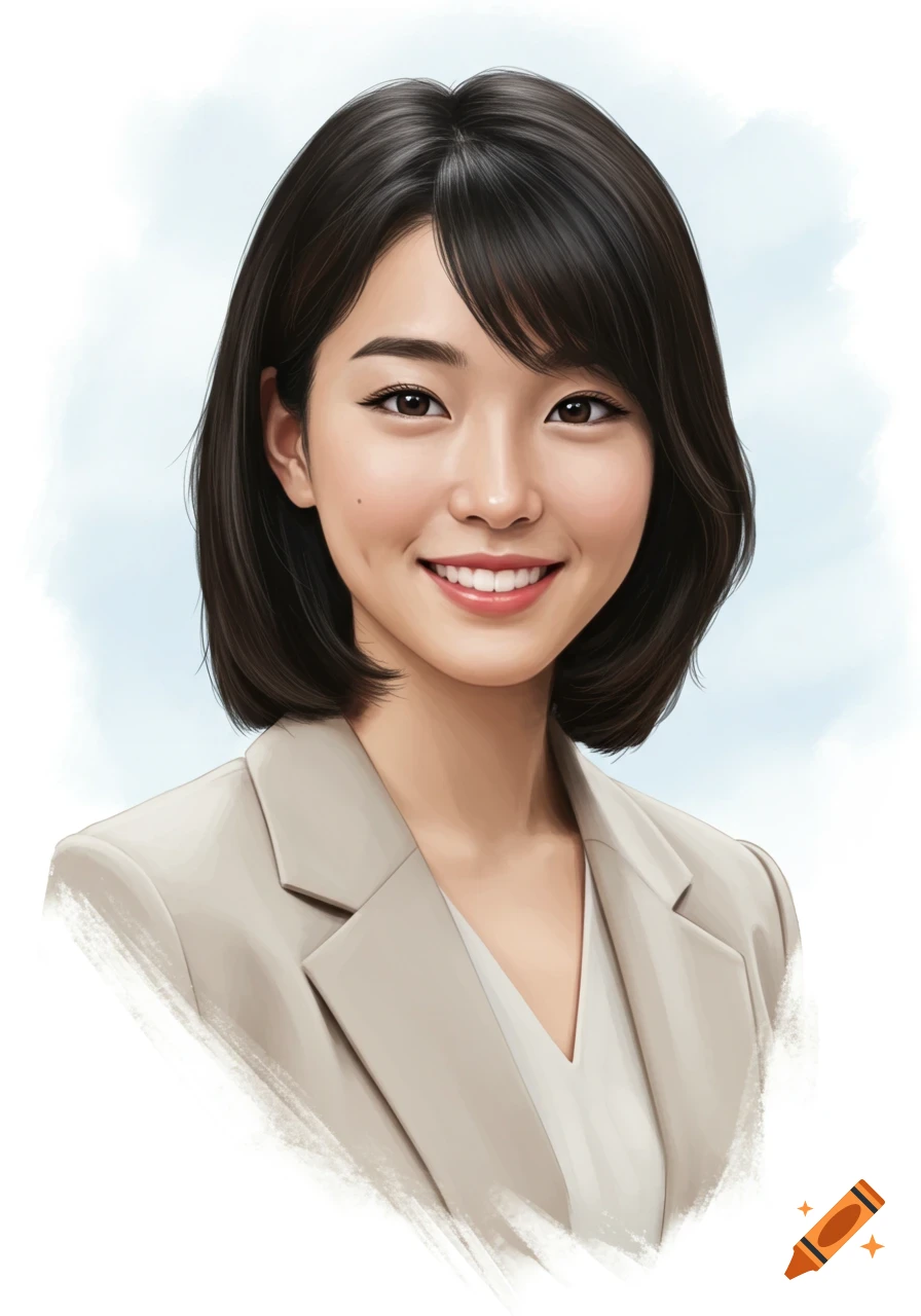 A digital painting of a young Asian woman smiling gently, wearing a light beige blazer against a soft blue background.
