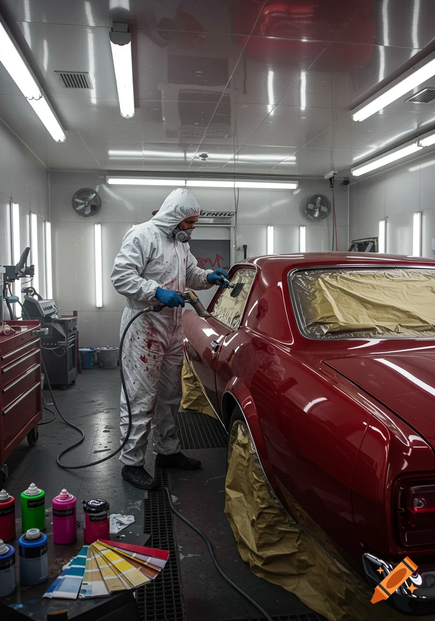 A person in a white hazmat suit and respirator spray paints a red classic car in a brightly lit auto body shop.
