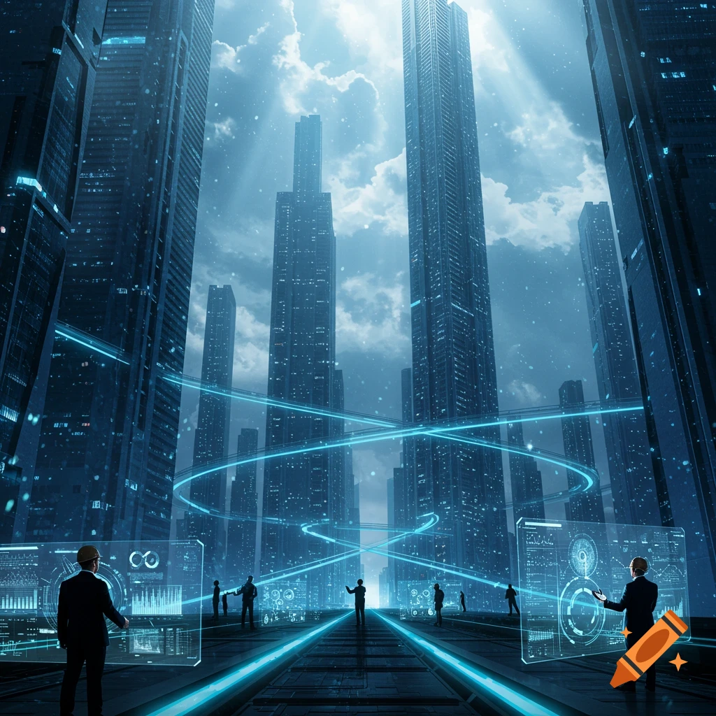 Futuristic cityscape with towering skyscrapers, glowing blue data streams, and businessmen interacting with holographic displays.