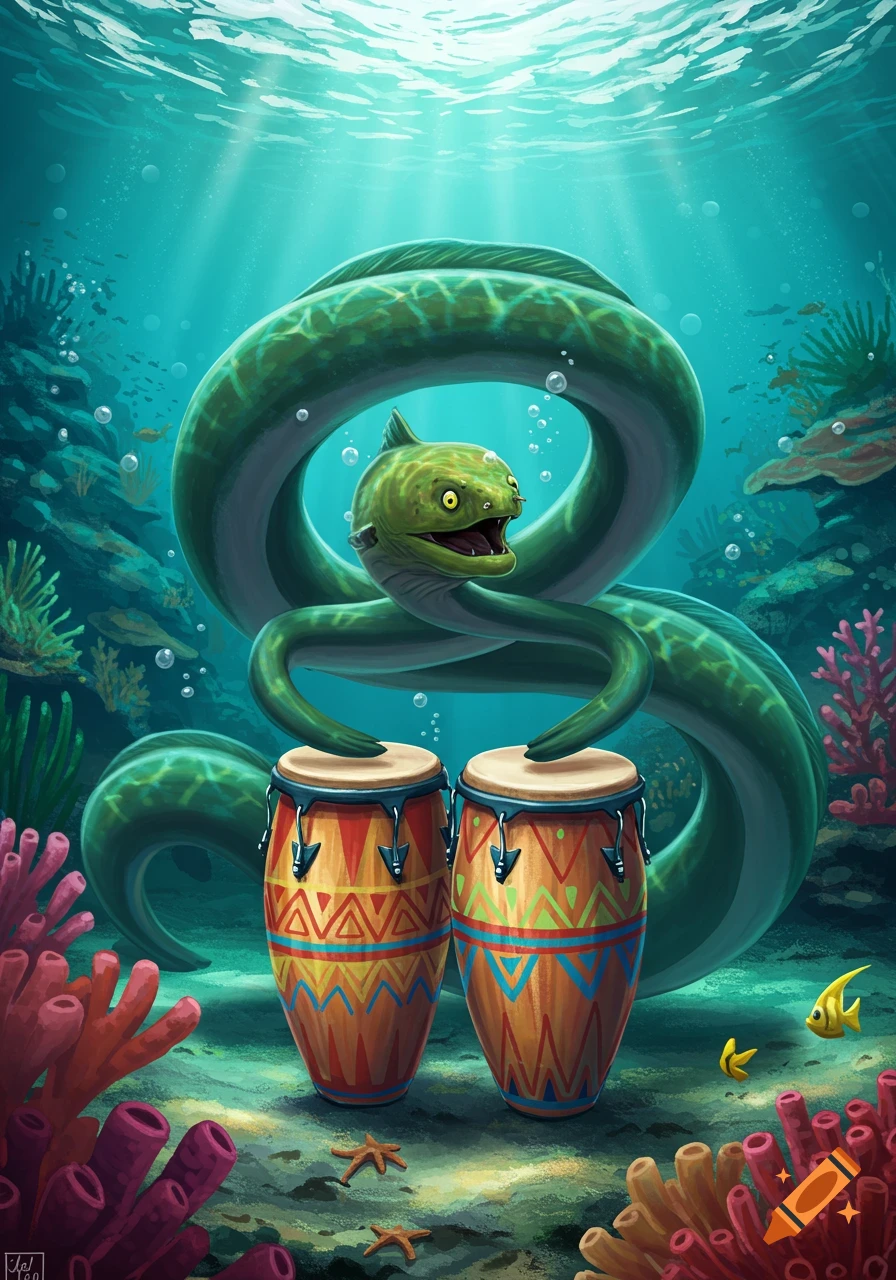 A cartoon green eel with yellow eyes plays two conga drums on a vibrant coral reef ocean floor.
