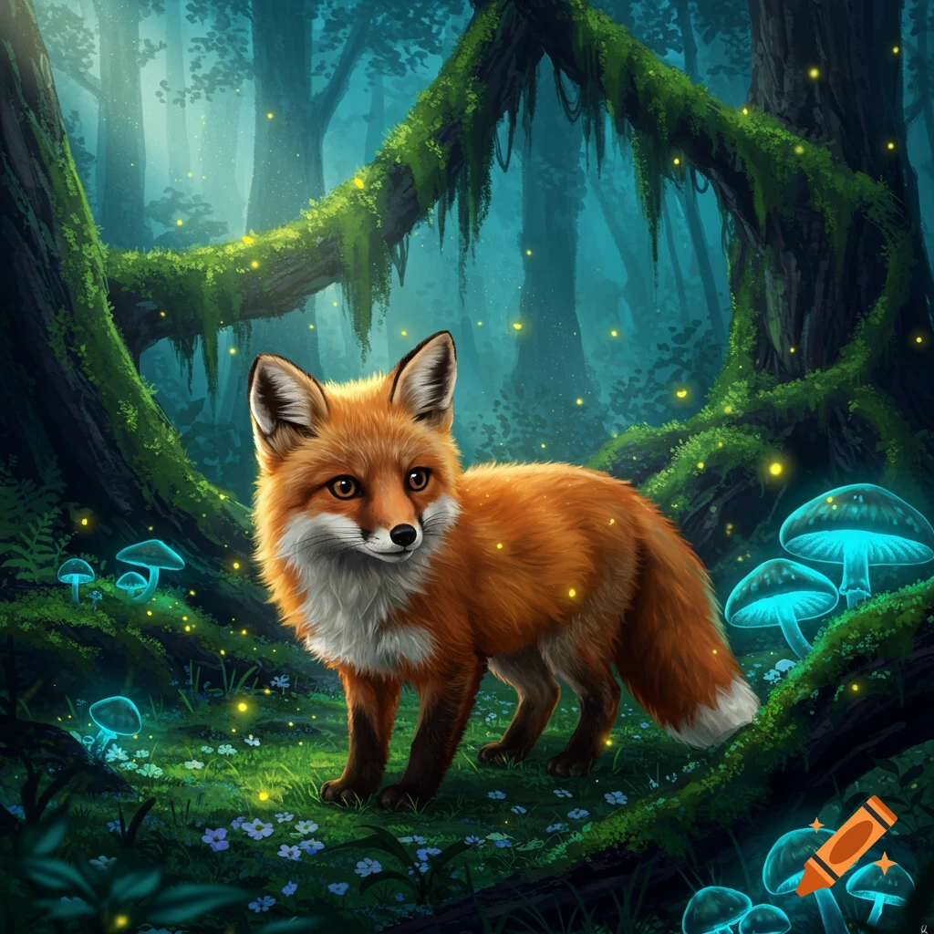 A red fox with white markings stands in a magical, glowing forest with bioluminescent mushrooms and fireflies.
