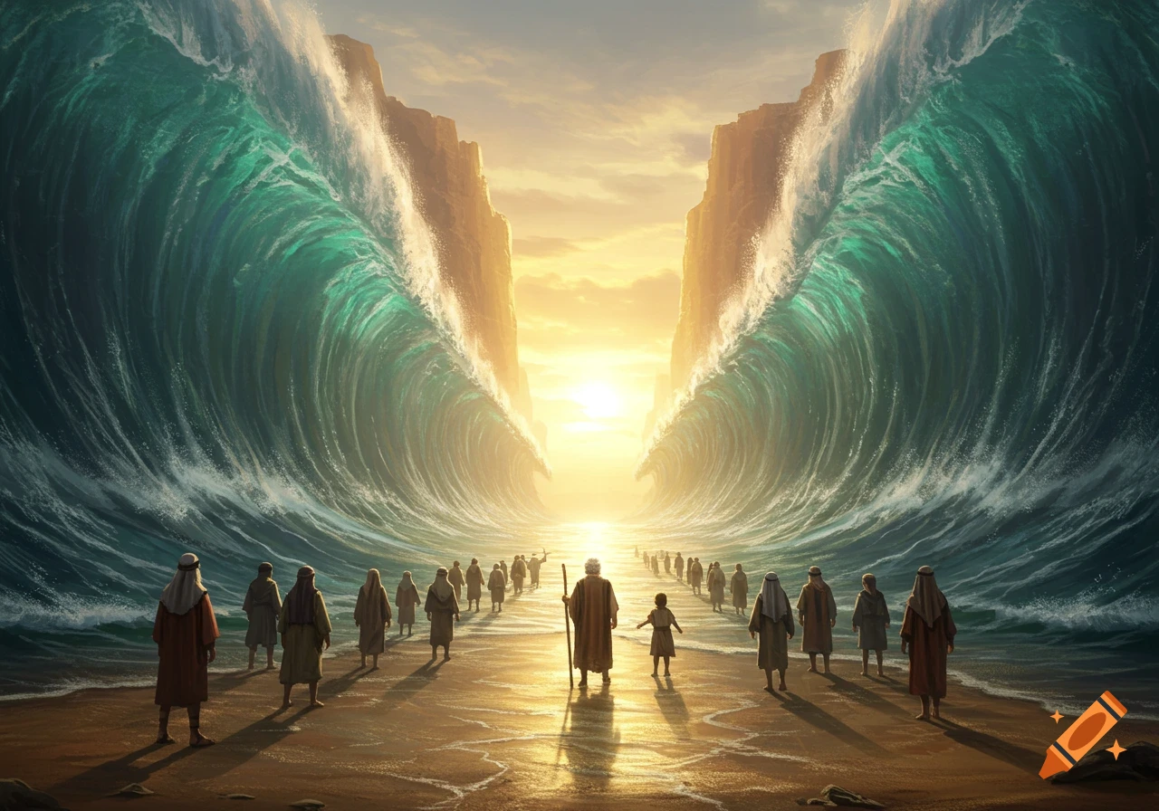 People walk on dry land through the parted Red Sea, with colossal walls of turquoise water on both sides and a radiant sunset ahead.
