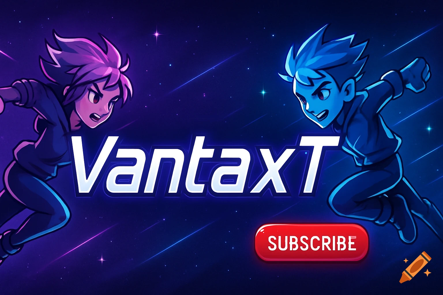 Stylized banner with two anime-style characters, one purple-haired and one blue-haired, on a starry space background, with 'VantaxT' and a red 'SUBSCRIBE' button.