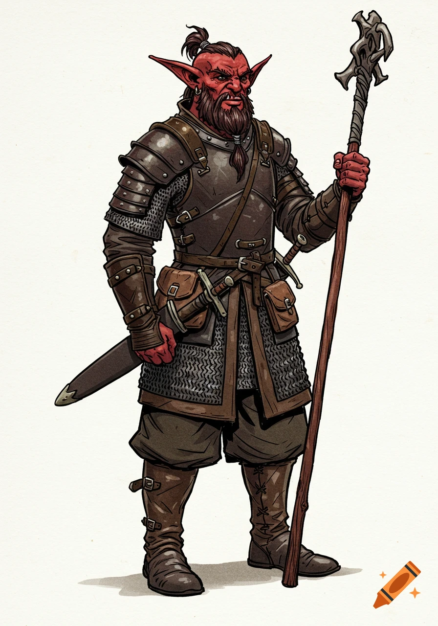 A full-body illustration of a male Hobgoblin Warlock with red skin, a topknot, and a beard, wearing dark leather and chainmail, holding a quarterstaff, in a D&D Monster Manual art style.
