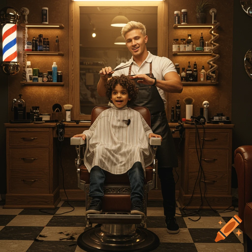 A smiling blond barber cuts a young boy's curly hair in a photorealistic barbershop.