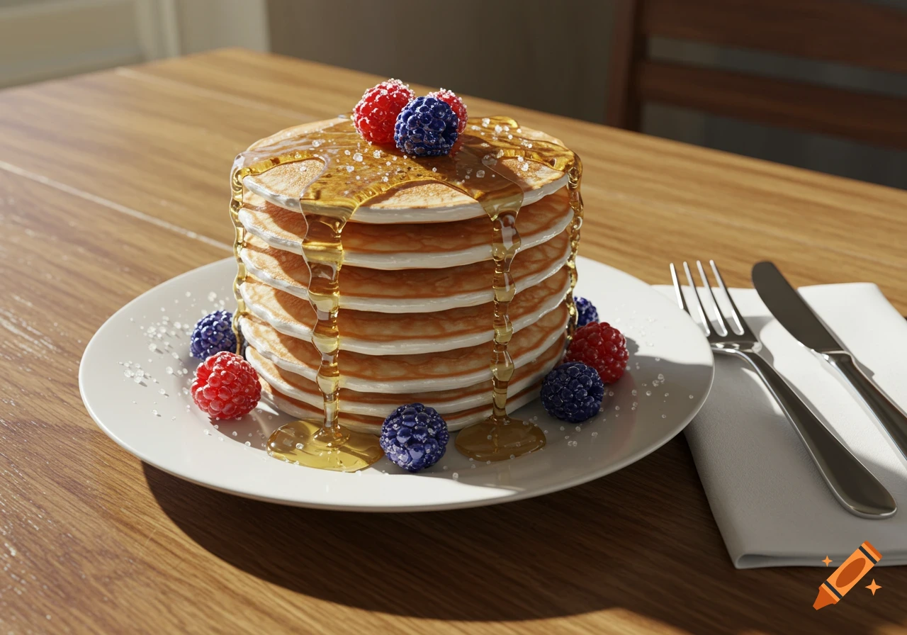 A stack of glass pancakes with glass syrup, glass raspberries, and blueberries on a white plate with cutlery on a wooden table.