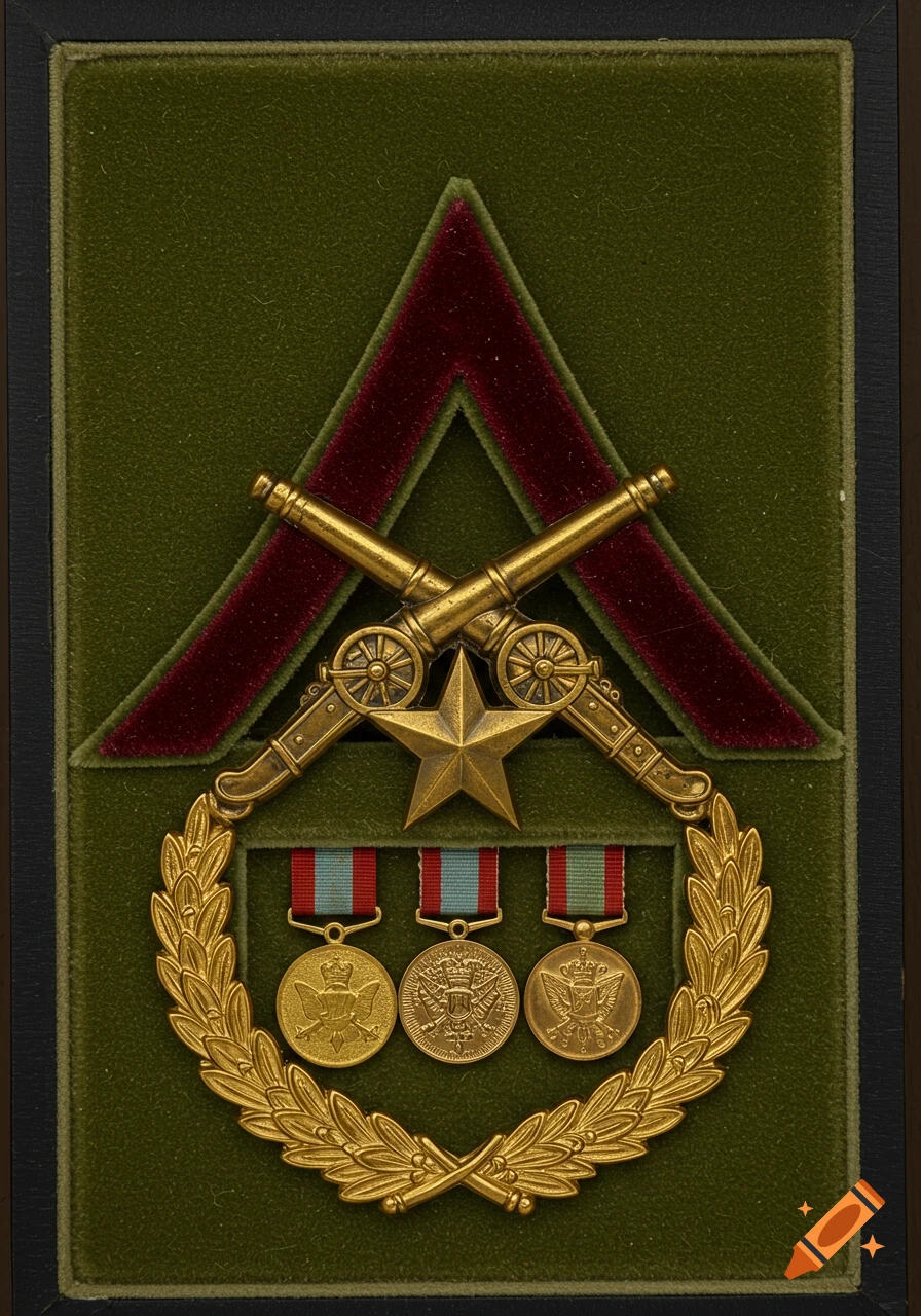 Military insignia featuring gold crossed cannons, a star, laurel wreath, and three medals on green velvet.