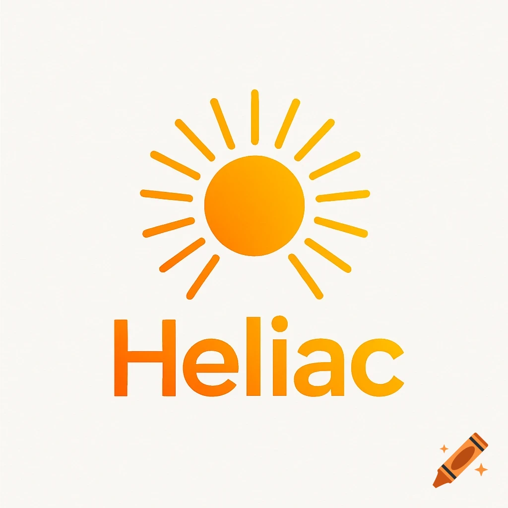 A stylized orange sun icon with radiating lines above the word "Heliac" on a white background.