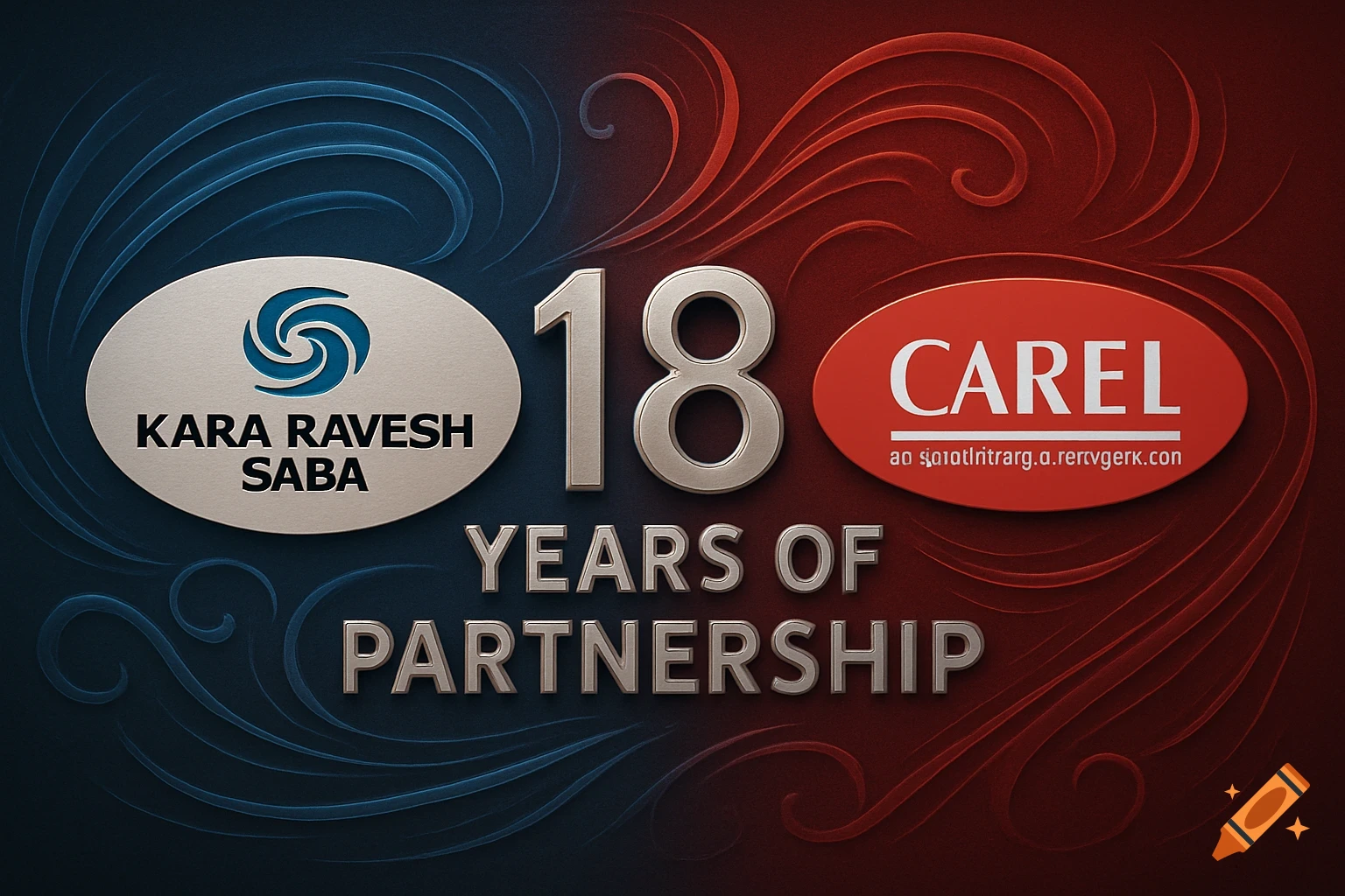 Corporate banner celebrating 18 years of partnership between Kara Ravesh Saba and Carel, featuring their logos.