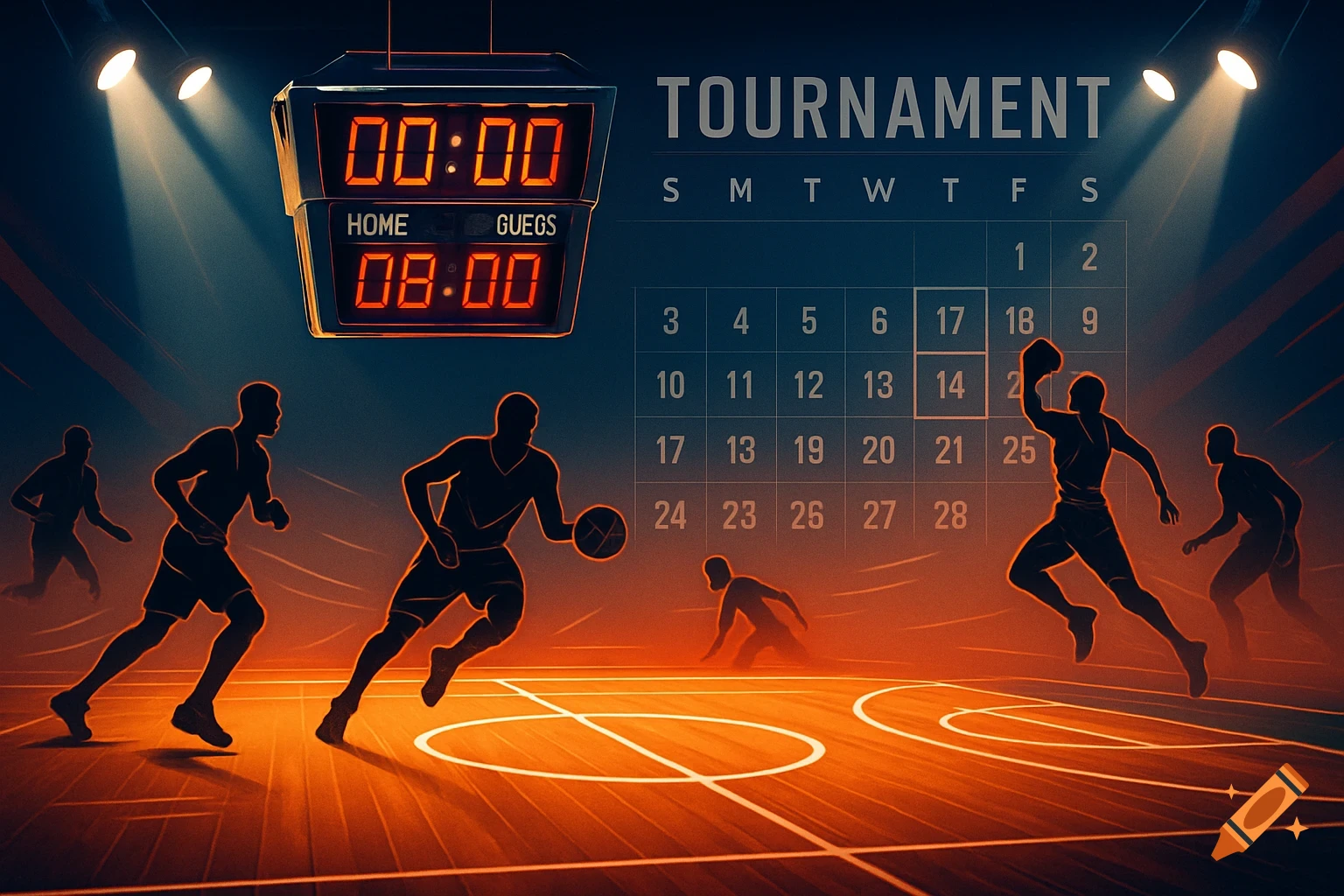 Stylized illustration of silhouetted basketball players on a court, under spotlights, with a scoreboard and calendar for a tournament schedule.