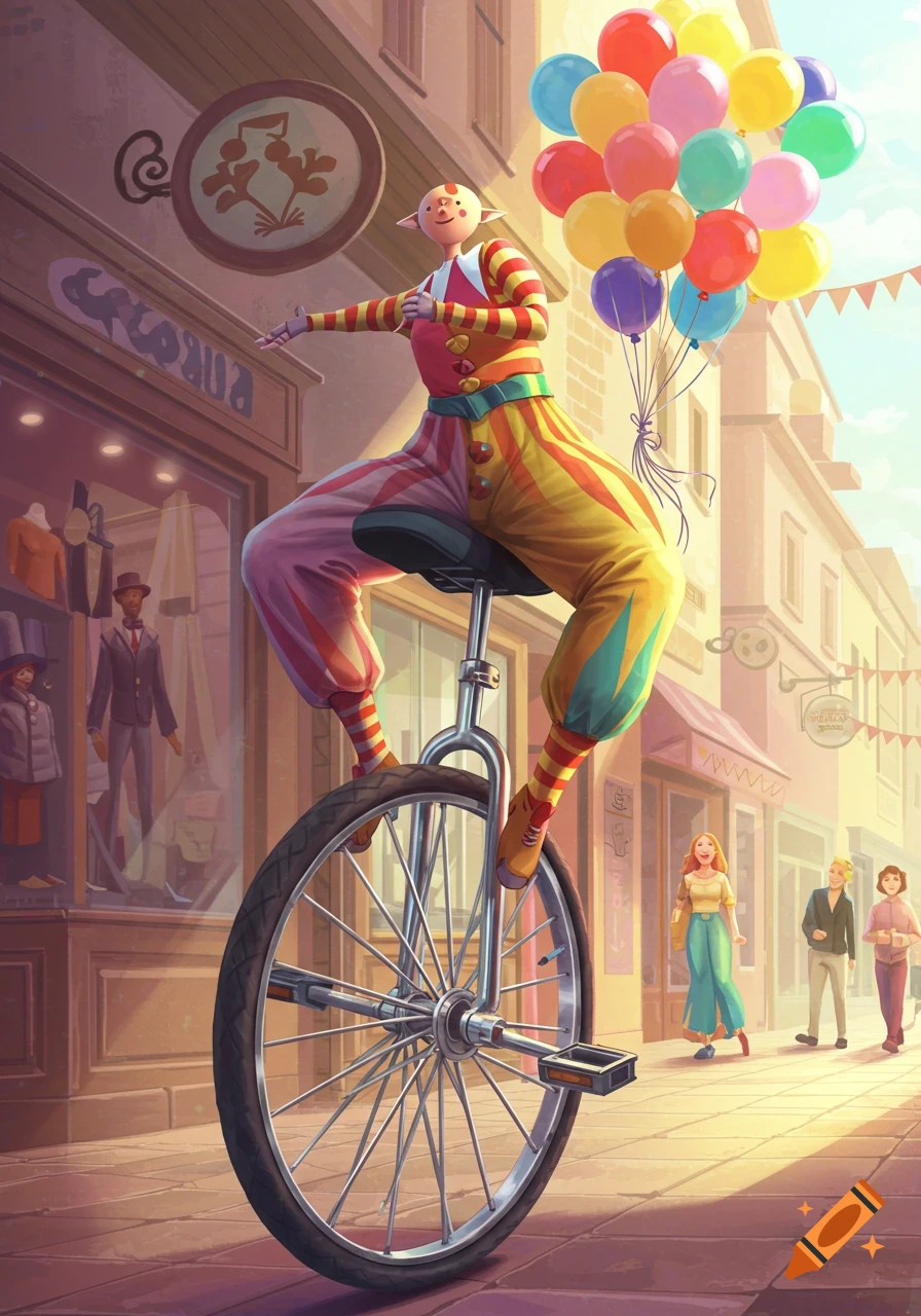 A whimsical elf-like clown in a colorful striped outfit balances on a unicycle, holding a large bunch of balloons, on a sunny street.
