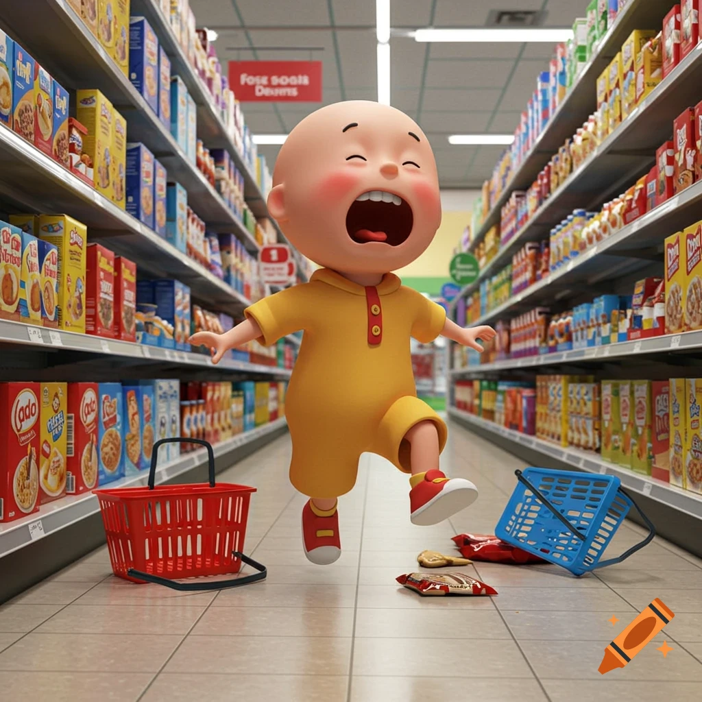 Cartoon Caillou throws a tantrum, stomping in a grocery store aisle surrounded by fallen baskets and snacks.