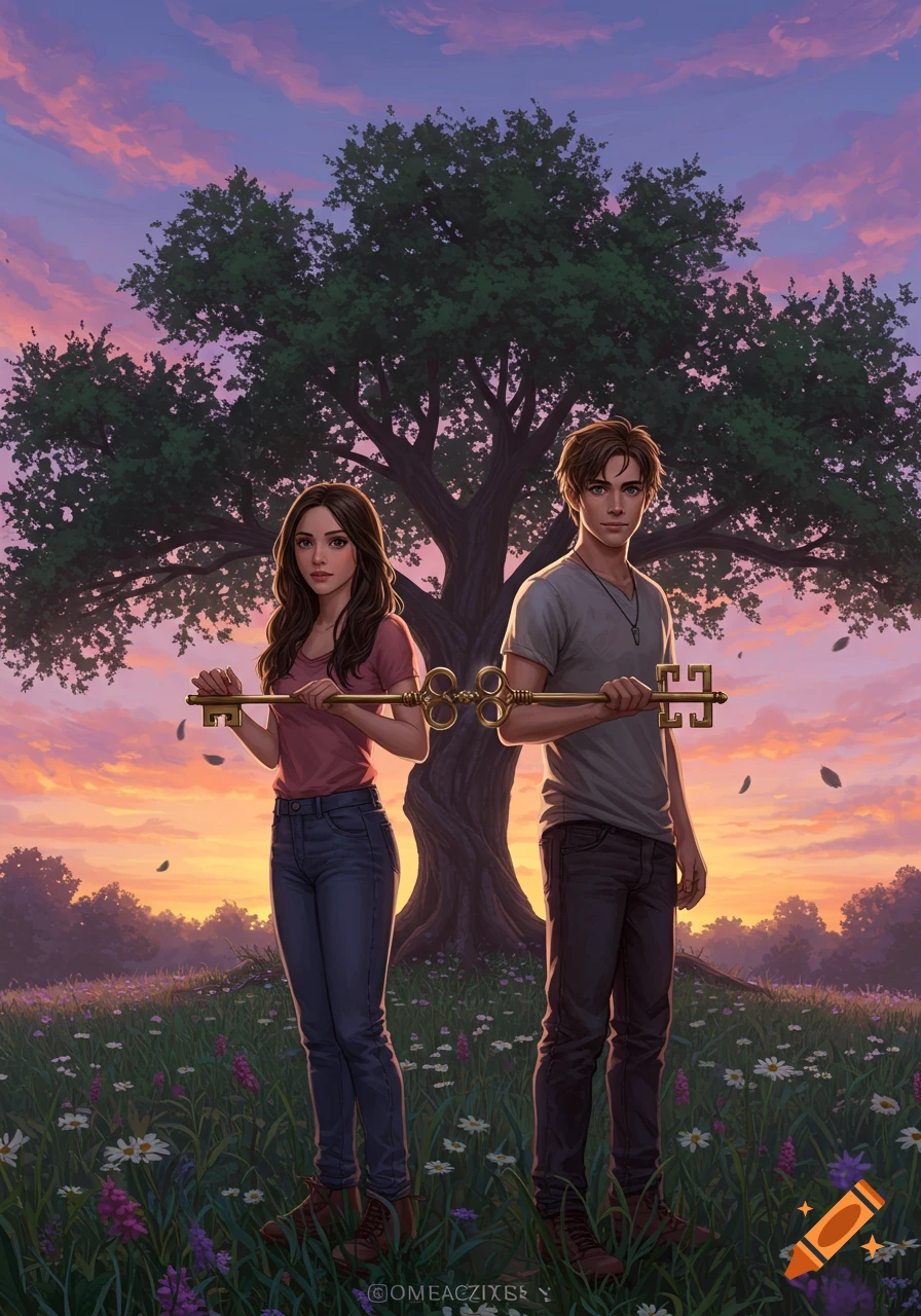Illustrated boy and girl holding a large ornate golden key in a field with a tree against a sunset sky.