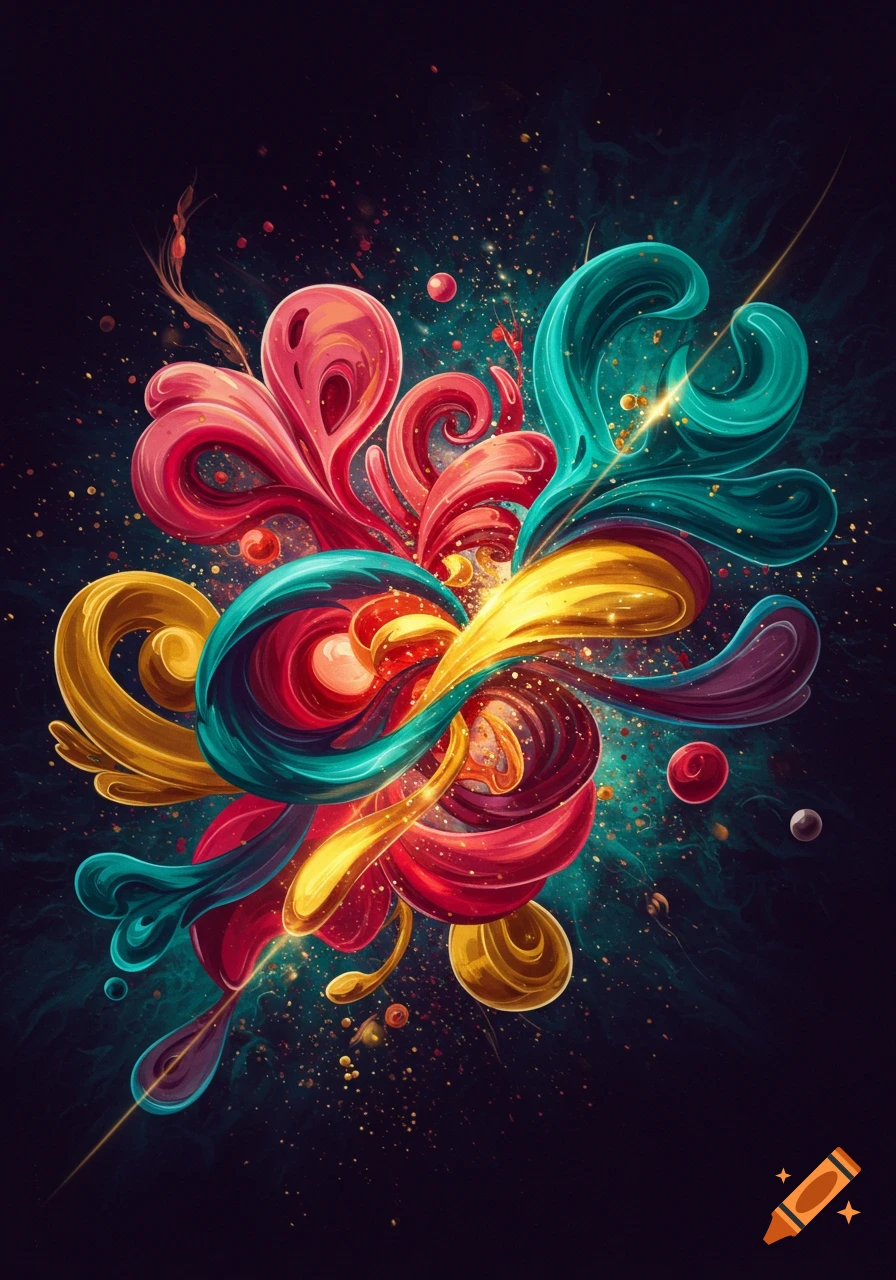Vibrant abstract digital art with swirling red, teal, and yellow liquid-like forms against a dark, sparkling background.