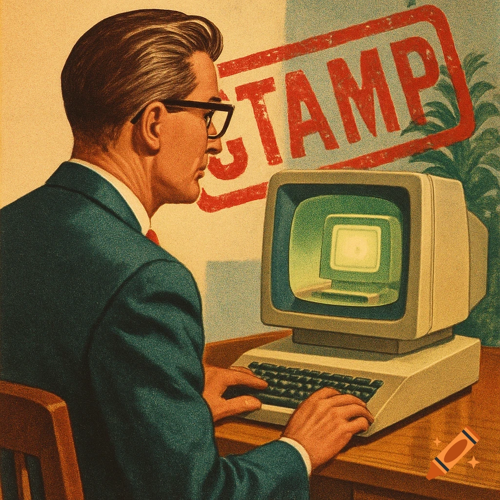 Vintage 1950s illustration of a man in glasses typing on a retro computer with a screen showing another screen, under a red 'STAMP'.
