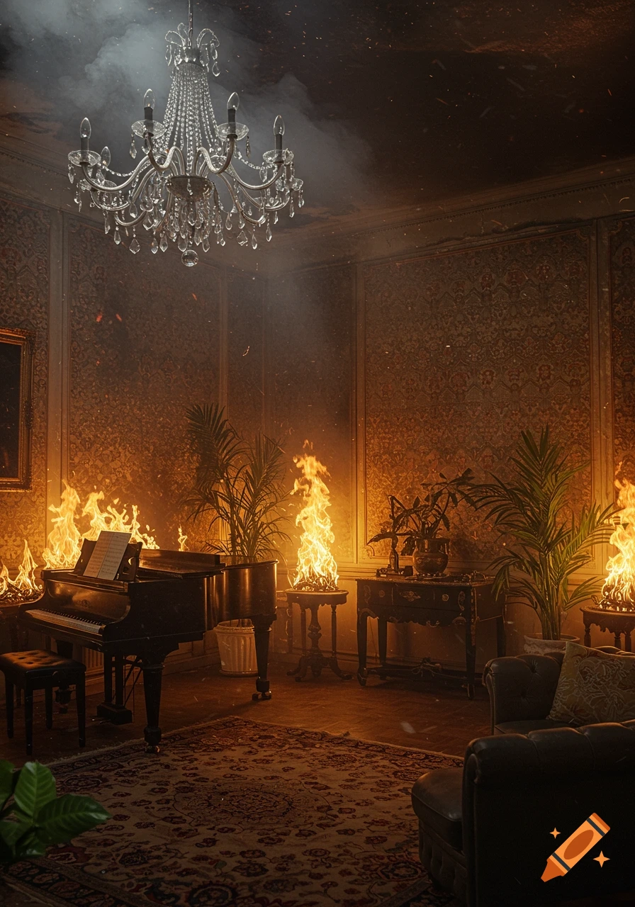 A luxurious room with a grand piano, chandelier, and ornate furniture engulfed in flames, smoke, and sparks.