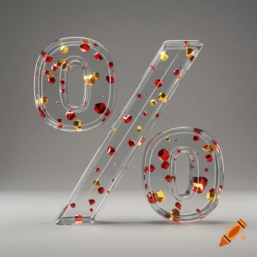 A clear glass percentage symbol filled with small red and gold geometric gems, on a neutral gray background, 3D render.