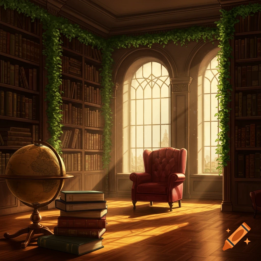 A sunlit, cozy library room with large bookshelves, a globe, stacked books, and a red armchair by arched windows.