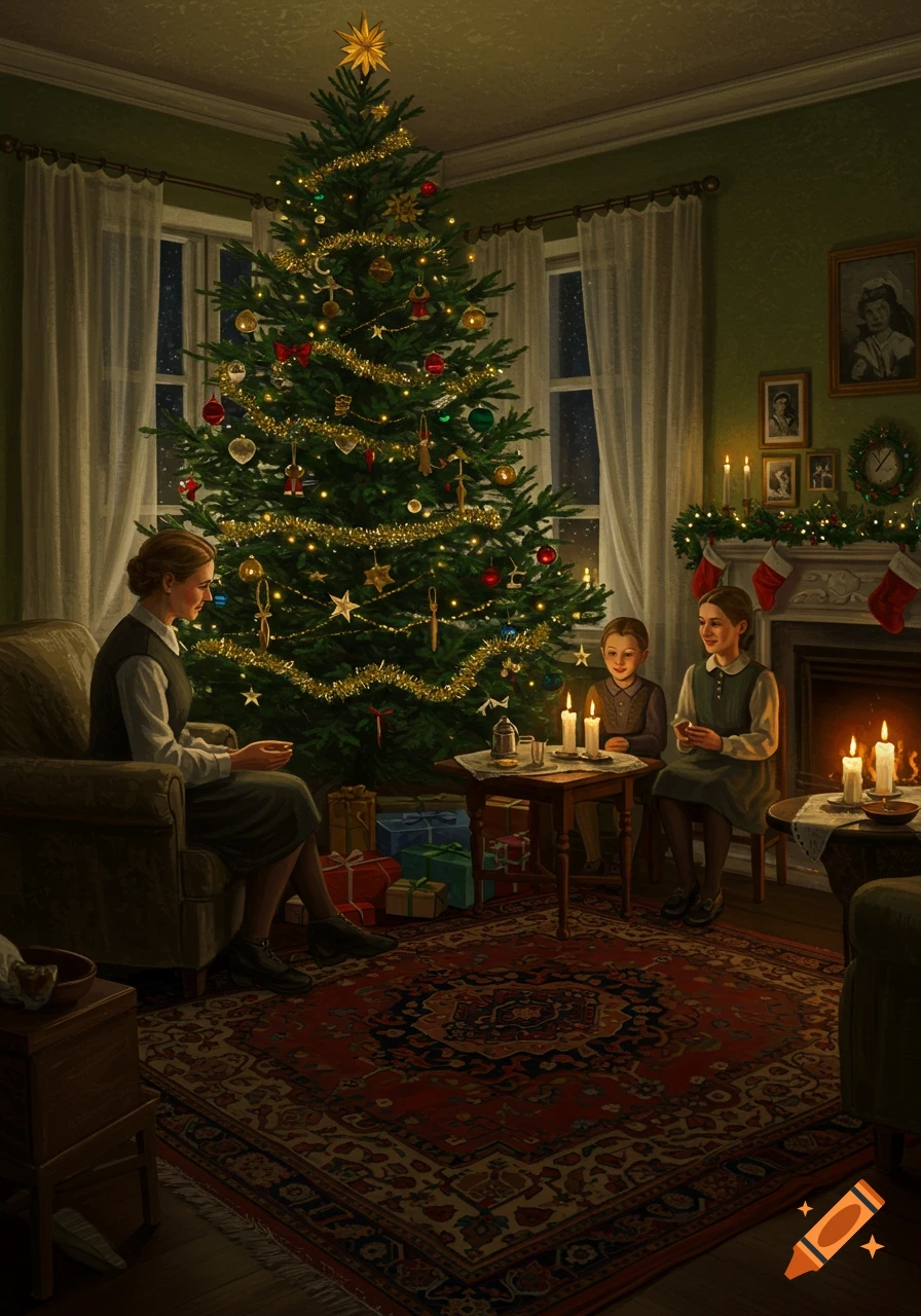 A family gathers by a brightly lit Christmas tree in a cozy, candlelit room on Christmas Eve. A woman sits in an armchair while two children sit at a small table, all observing the festive scene.