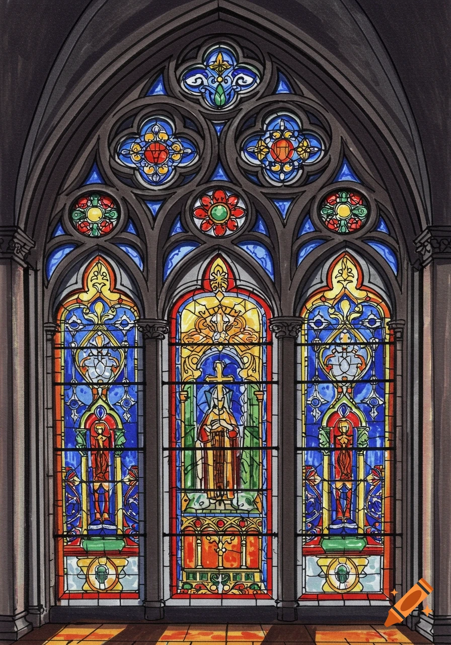 Hand-drawn sketch of a colorful Gothic stained glass window featuring religious figures and ornate patterns within a dark arched frame.