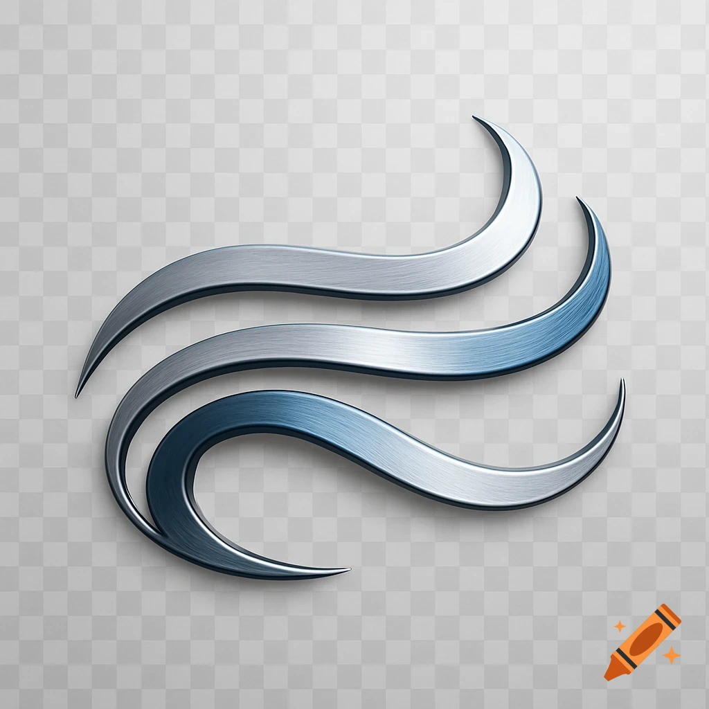 A 3D metallic logo with three wavy, flowing lines in silver and blue-grey, on a transparent background.