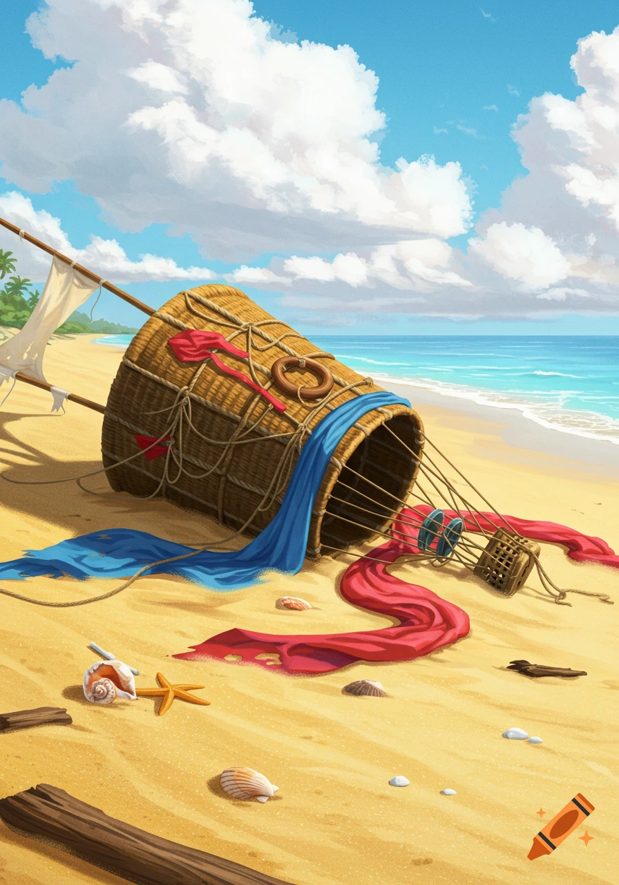 Illustration of a wicker hot air balloon basket crashed on a tropical beach, with colorful fabric, seashells, and driftwood under a blue sky.