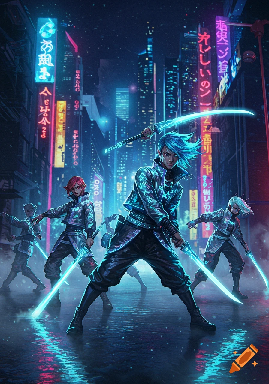 Stylized anime demon hunters with glowing swords in a neon-lit cyberpunk city, led by a blue-haired character.