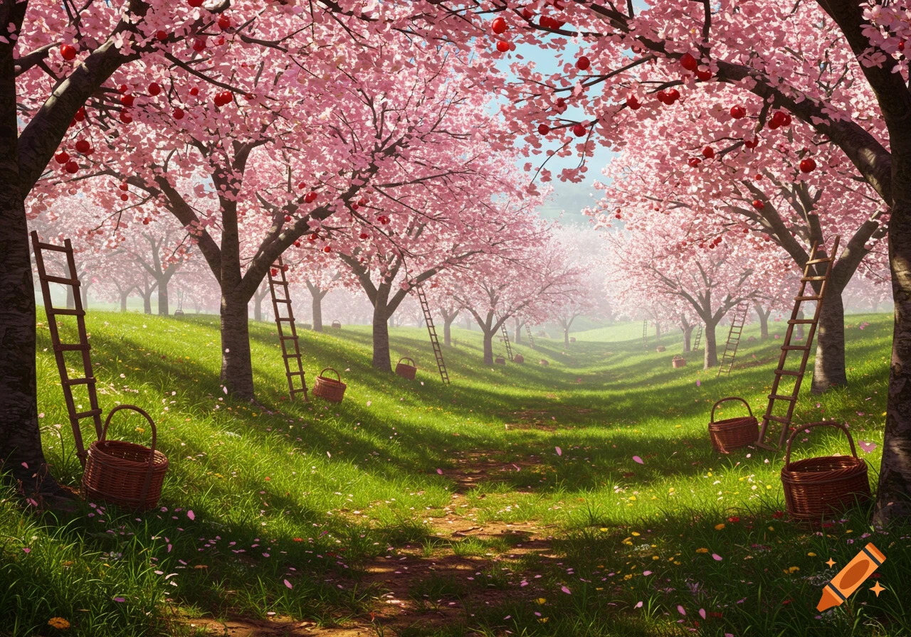 A vibrant valley with pink cherry blossom trees, red cherries, ladders, and baskets along a dirt path.